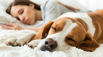 Young man and dog peacefully sleeping on white bed at home in heartwarming scene