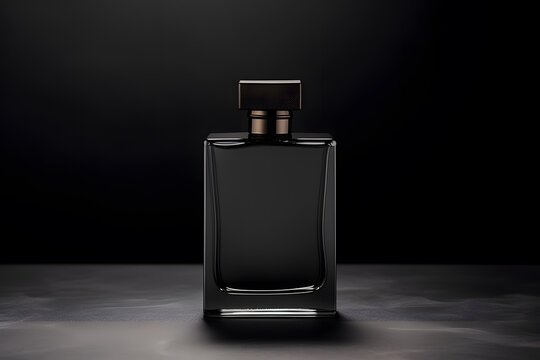 Mockup of black fragrance perfume bottle mockup isolated on dark background