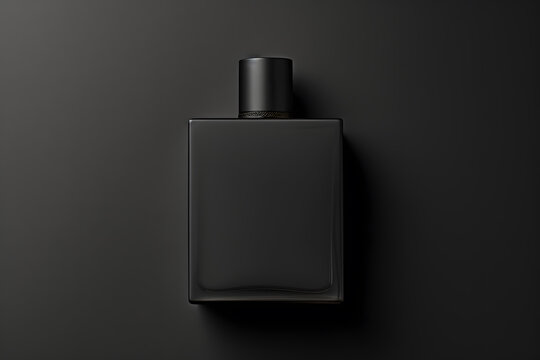 Mockup of black fragrance perfume bottle mockup isolated on dark background
