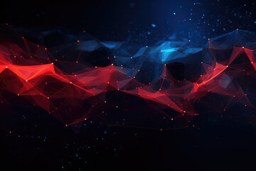 Abstract red triangle futuristic - Molecules technology with polygonal wave line shapes on dark blue background. Illustration Vector design digital technology concept. - obrazy, fototapety, plakaty