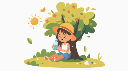 Obraz na płótnie Canvas Girl kid sitting under tree hiding in shade drinking