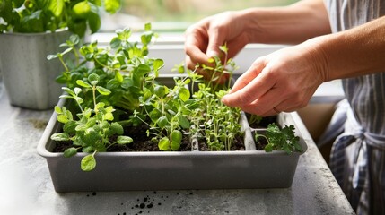 A close-up of hands planting seeds in a small indoor planter, the beginnings of a herb garden that will thrive on a sunny kitchen windowsill.