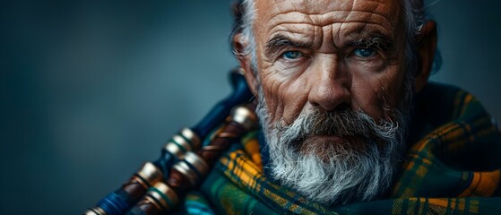 Highland Melodies: A Bagpiper's Solemn Portrait. Concept Bagpiper Portrait, Traditional Scottish Attire, Highland Scenery, Musical Instruments, Soulful Expression - obrazy, fototapety, plakaty