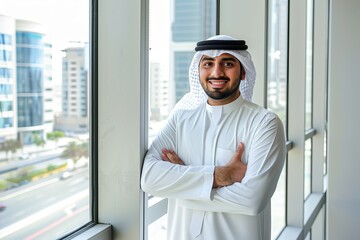 Portrait of young arab businessman, man inside office at workplace standing near window, showing thumbs up very satisfied with financial results of, Generative AI