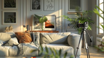 Obraz premium Photo camera is on modern living room interior with comfortable sofa. Camera ready for recording a blog