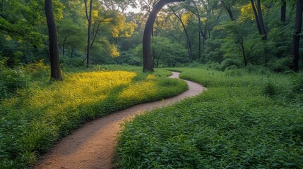 A winding path disappears into a lush  green meadow  inviting exploration and quiet contemplation.