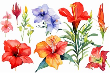 Watercolor painting of many colorful flowers.