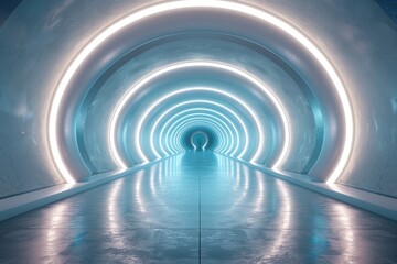 An empty underground white room like tunnel with bare walls and lighting metro