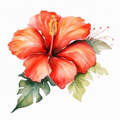A watercolor painting of a single, beautiful, bright red hibiscus flower.