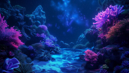 Coral reef in tank with ultraviolet light. - obrazy, fototapety, plakaty