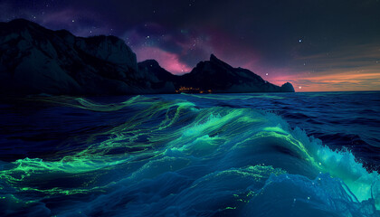 Bioluminescence kelp in ocean waves. - obrazy, fototapety, plakaty
