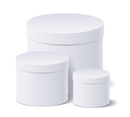 Different size white tube packaging for gifts on isolated background. Round boxes vector illustration