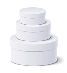 Round white boxes one on one. Tube packaging pyramid vector illustration
