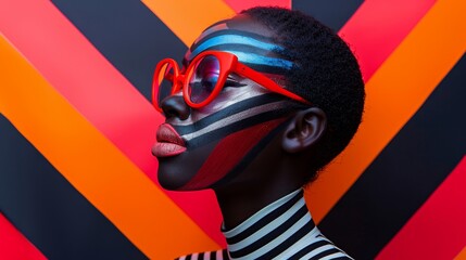 Craft a stylish portrait featuring the subject in attire embellished with bold striped patterns - obrazy, fototapety, plakaty