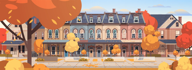 Autumn old town sunny city street vector illustration. Architecture buildings banner flat design © Aroma_Art