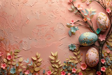 Colorful Easter eggs decorated with flowers and leaves on pink background, with copy space for text