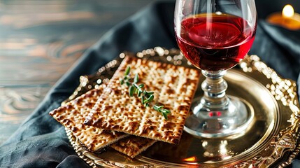 Elegant passover still life with wine and matzah on a decorative tray