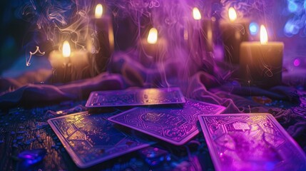 Mysterious tarot cards on a table with candles and mystical smoke - obrazy, fototapety, plakaty