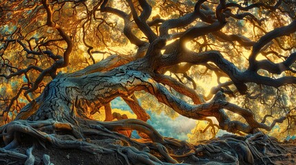 Majestic ancient tree with twisted branches at sunrise