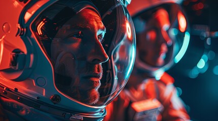 Close-up of two adult astronauts in helmets against a futuristic backdrop - obrazy, fototapety, plakaty