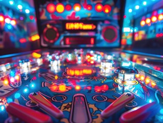 fisheye lens close-up vintage pinball machine in a pinball sixties styled room with many neon lights