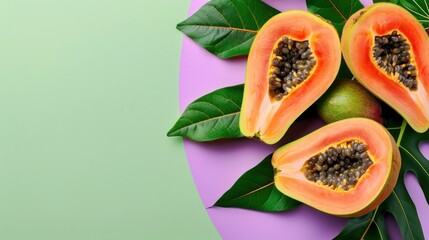 Close-up of a vibrant papaya surrounded by lush green leaves
 - obrazy, fototapety, plakaty