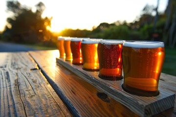 Wooden flight of six full beer glasses on a wooden picnic table outside at sunset. - obrazy, fototapety, plakaty