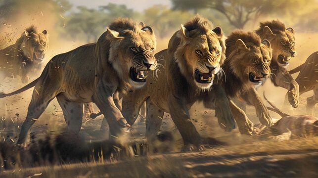 a pride of lions hunting together, with each member playing a crucial role in cornering and capturing their prey, exemplifying the coordinated effort and strategy of teamwork
