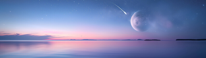 Fototapeta na wymiar Panoramic View of Exoplanets Over Peaceful Ocean at Twilight