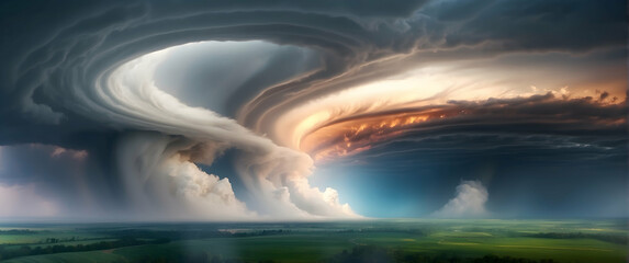 This image captures a powerful supercell with stunning cloud formations and contrasting colors at sunset