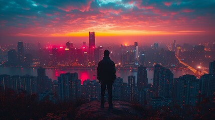 Marketer triumph on cityscape as the backdrop. AI generate illustration