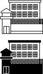 Prison Building Icons. Black and White Vector Icons of Prison Building, Prison Tower, and Barbed Wire Fence. Government Institution. Concept of Punishment for Crimes