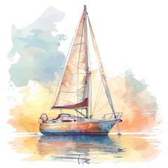 Art paint of sailboat in ocean, mast, watercraft sailing on water