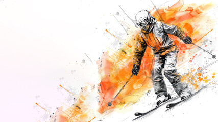 Skier in action on slope of the snow in orange watercolor painting art