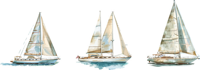 A watercolor painting of three sailboats on white background