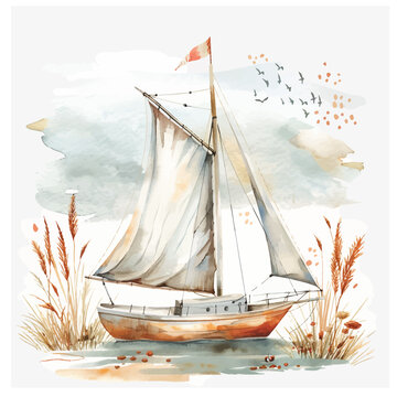 Art paint of a sailboat on water, depicting a boat with mast and sails