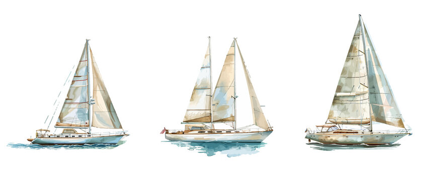 A watercolor painting of three sailboats on white background