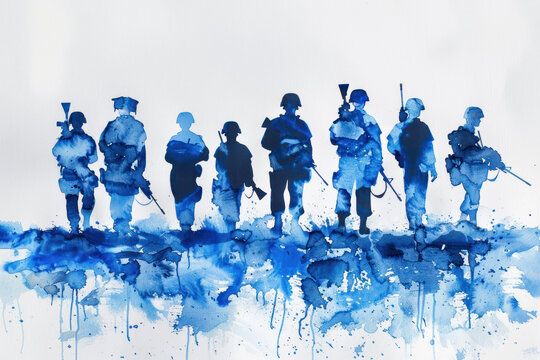 Blue digital painting of soldier in military uniform, arm forces