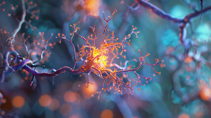 3D Illustration of Neuron Cells with Glowing Synapses in Brain Activity Concept - obrazy, fototapety, plakaty