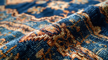 Ancient fabric. Retro tapestry fabric close up useful for a background. Patterns of Persian carpets. Part of Old blue Persian rug Texture, abstract ornament..