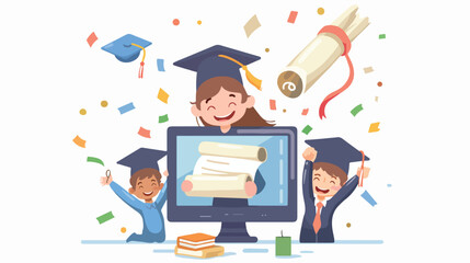 Happy girl boy kids celebrating online education graduated