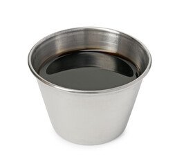 Tasty soy sauce in bowl isolated on white