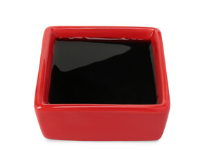 Tasty soy sauce in bowl isolated on white