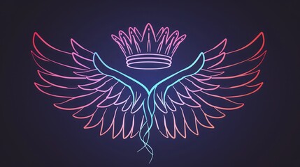  A stunning composition emerges from the darkness, showcasing angelic wings and a majestic crown crafted from vibrant neon lights. 