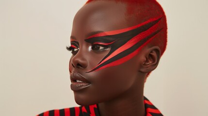 Bold high contrast makeup on black woman for brand photo shoot, creating striking aesthetic