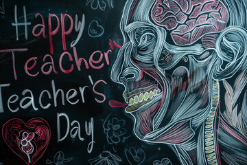 A close-up of a blackboard featuring an intricate chalk drawing of the human anatomy, with "Happy Teacher's Day" subtly integrated into the design, soft light, with copy space