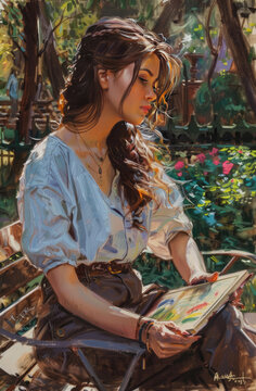 A young woman sitting on a park bench, engrossed in painting on a canvas Scene