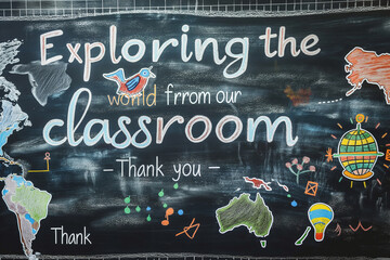 A geography classroom blackboard, with a meticulously drawn map and 