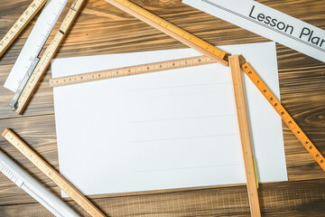 Several rulers laid out to form a frame on a wooden teacher's desk, encapsulating a blank sheet of paper titled "Lesson Plan," inviting creative input, soft light, with copy space