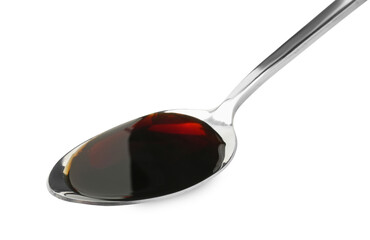 Tasty soy sauce in spoon isolated on white